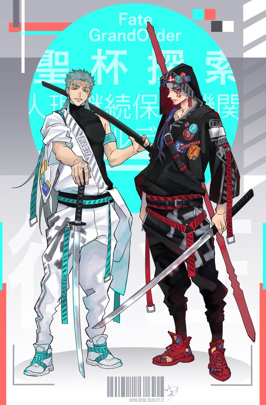 2boys, alternate_costume, alternate_weapon, armband, barcode, belt, blooming_yuki, blue_hair