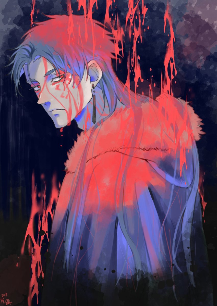 1boy, bad_id, bad_twitter_id, blood, blooming_yuki, blue_hair, cape, closed_mouth