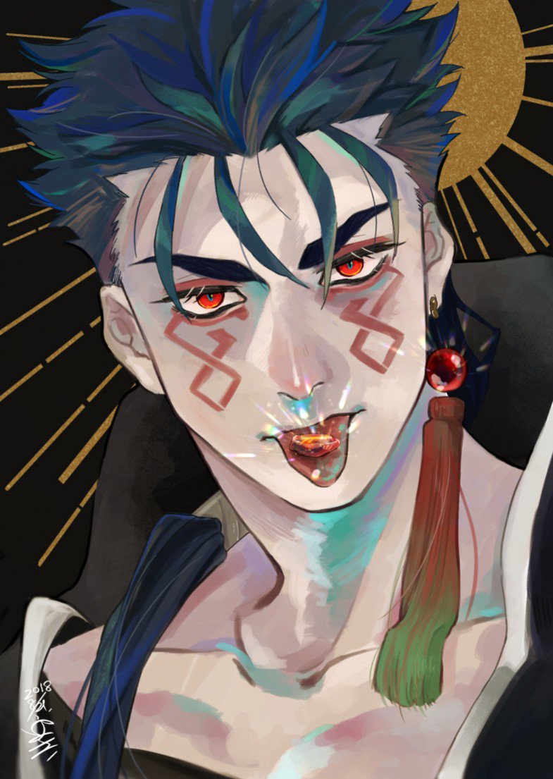 1boy, bad_id, bad_twitter_id, blooming_yuki, blue_hair, collarbone, cu_chulainn_(fate), cu_chulainn_alter_(fate)