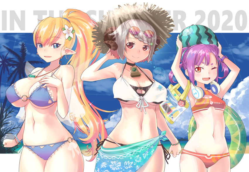 3girls, bag, bare_shoulders, beach, bell, bikini, black_bikini, blonde_hair