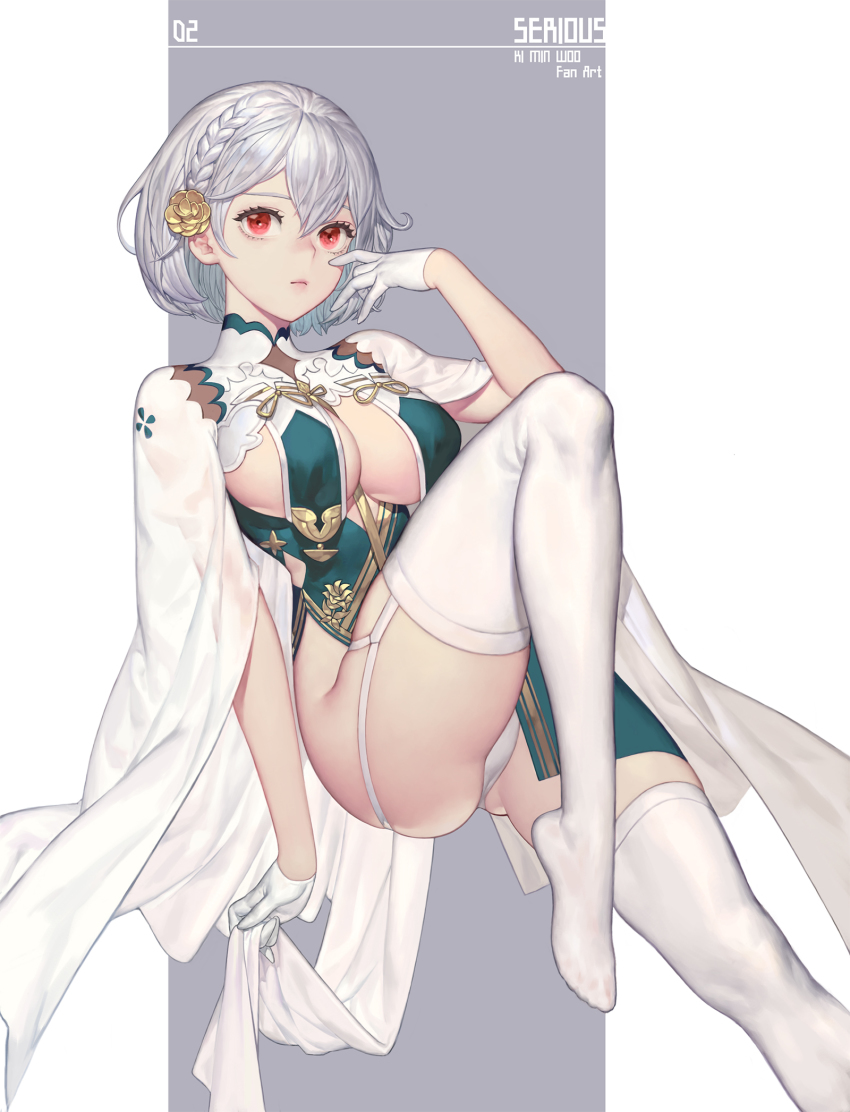 1girl, azur_lane, braid, breast_curtains, breasts, character_name, closed_mouth, french_braid, frilled_thigh_strap, gloves, grey_background, hair_ornament, highres, ki_min-woo, large_breasts, lips, looking_at_viewer, red_eyes, see-through_clothes, silver_hair, sirius_(azur_lane), sirius_(azure_horizons)_(azur_lane), solo, thigh_strap, thighhighs, two-tone_background, white_background, white_gloves, white_thighhighs