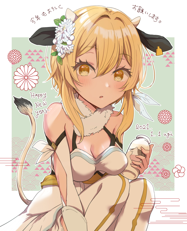 1girl, animal_ears, bare_shoulders, blonde_hair, blush, bottle, breasts, cleavage, cow_ears, cow_tail, dress, flower, genshin_impact, hair_flower, hair_ornament, happy_new_year, hokeki_yougu, looking_at_viewer, lumine_(genshin_impact), medium_breasts, milk, milk_bottle, new_year, open_mouth, scarf, sidelocks, solo, tail, thighhighs, yellow_eyes