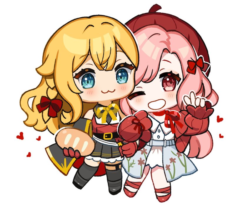 2girls, :3, baguette, belt, black_belt, black_jacket, black_skirt, blonde_hair