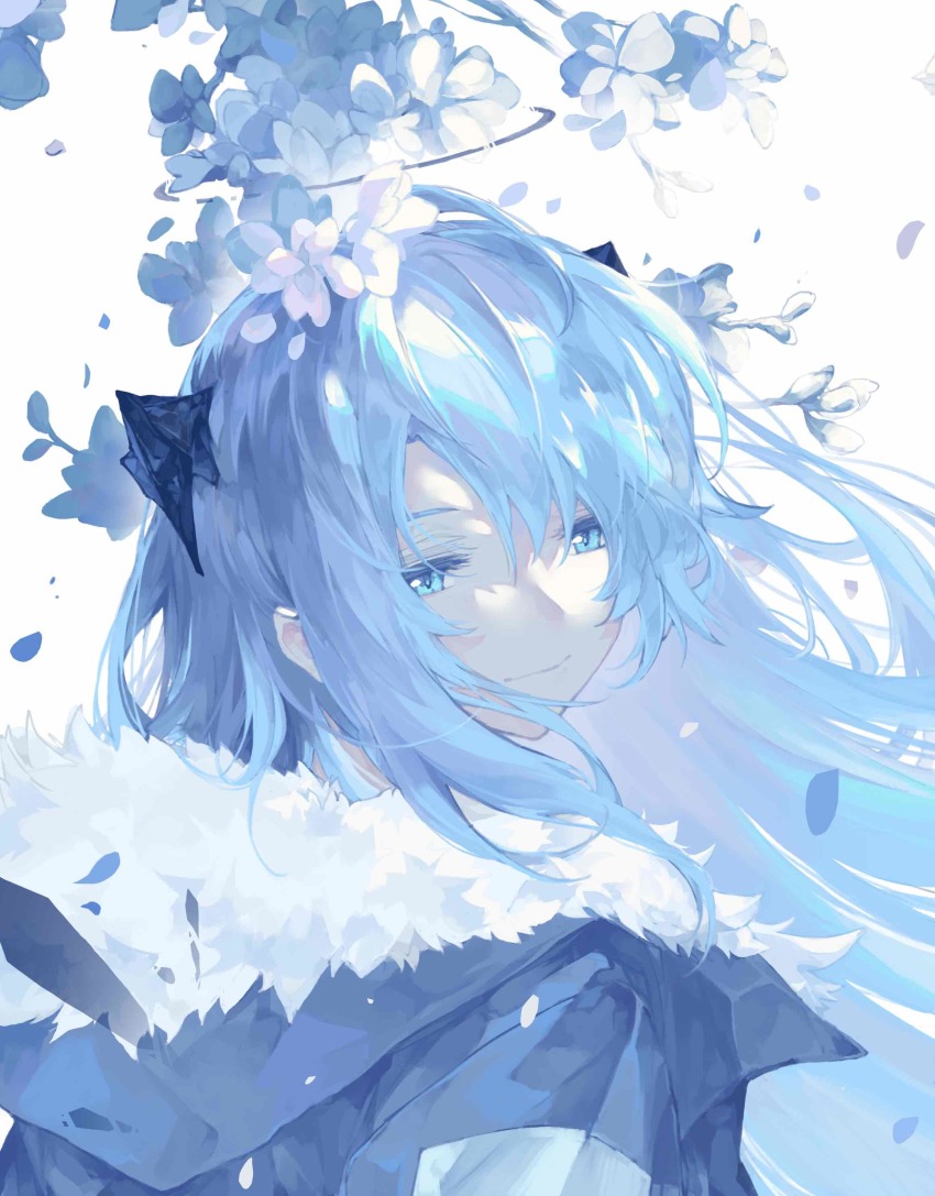 1girl, absurdres, arknights, blue_eyes, blue_hair, duang, flower, fur-trimmed_jacket