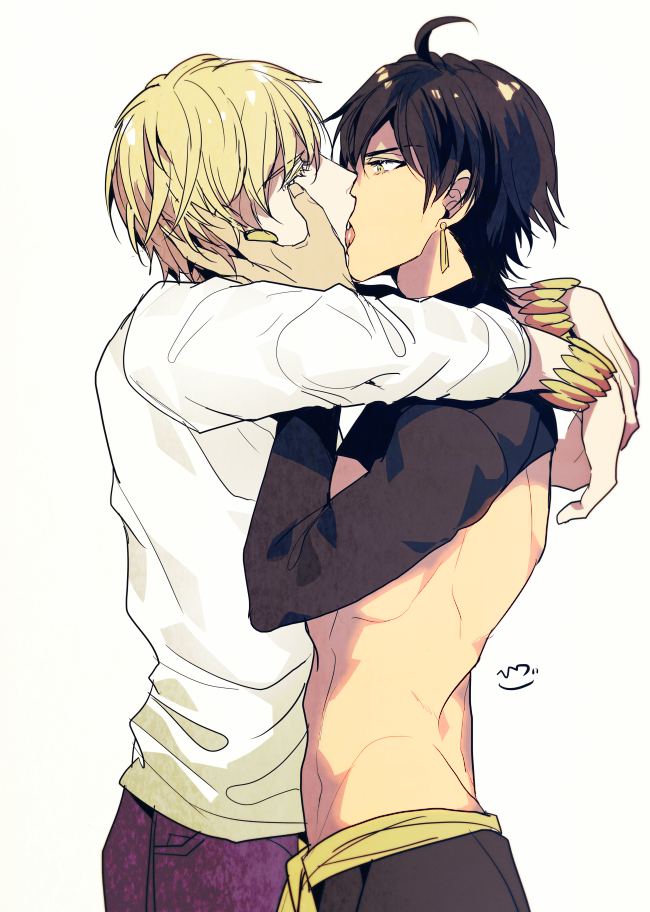 2boys, ahoge, arms_around_neck, blonde_hair, bracelet, brown_hair, colored_eyelashes, couple, dark_skin, dark-skinned_male, earrings, fate/grand_order, fate_(series), french_kiss, gilgamesh_(fate), jewelry, kiss, long_sleeves, looking_at_another, male_focus, multiple_boys, nagatekkou, ozymandias_(fate), sakura_hitsuji, saliva, shirt, short_hair, shrug_(clothing), turtleneck, white_shirt, yaoi, yellow_eyes