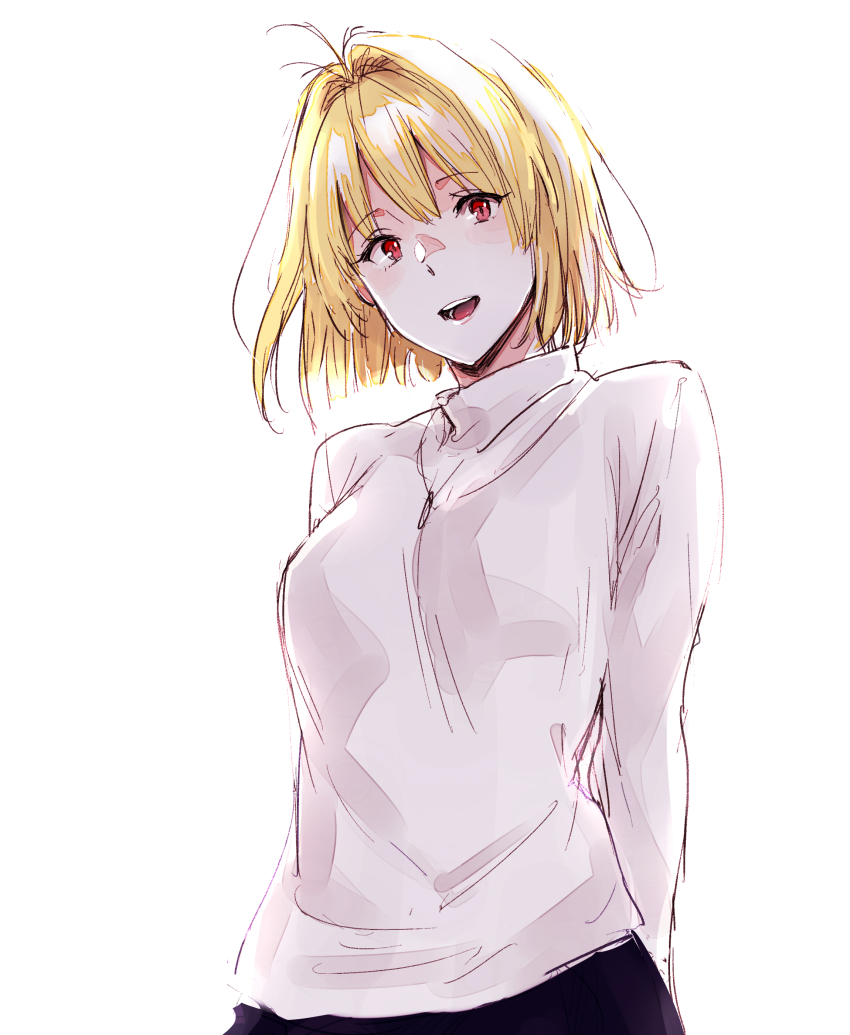 1girl, :d, absurdres, arcueid_brunestud, arms_behind_back, blonde_hair, breasts, check_commentary