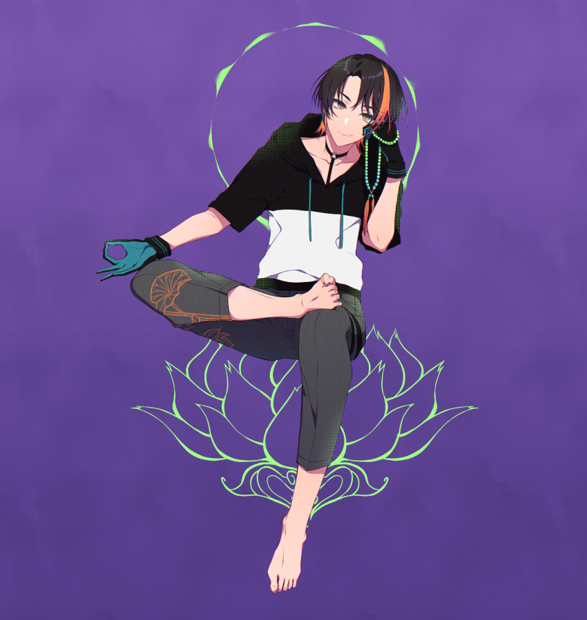 1boy, ashieda_lenri, barefoot, bead_necklace, beads, black_gloves, choker, collarbone