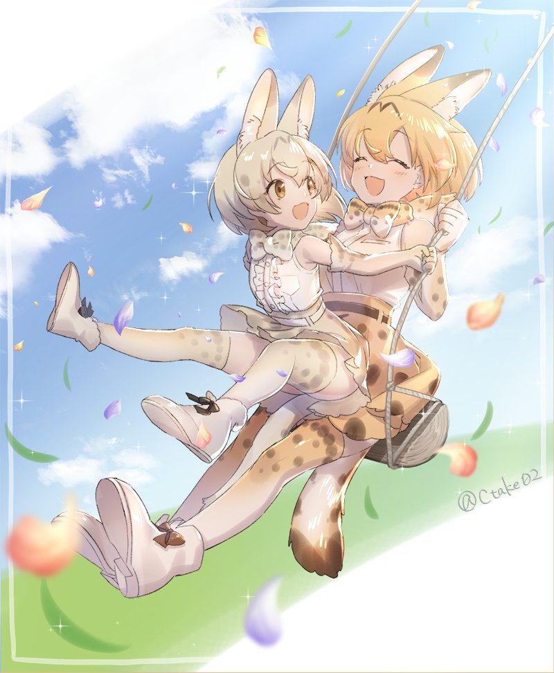 2girls, ^_^, animal_ears, animal_print, bare_shoulders, blonde_hair, blush, boots