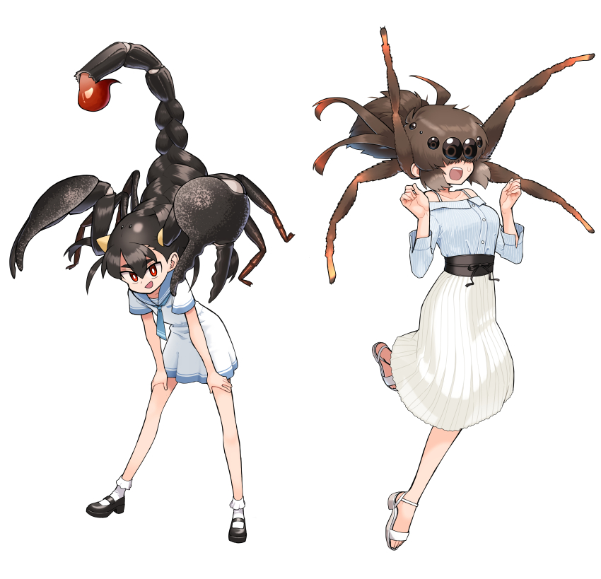 2girls, absurdres, black_hair, brown_hair, bug, dress, evolvingmonkey, full_body, highres, arthropod_girl, long_skirt, multiple_girls, original, pincers, red_eyes, sailor_collar, sailor_dress, sandals, scorpion, scorpion_girl, scorpion_tsuchida, skirt, spider, spider_girl, spider_itou, stinger, white_background