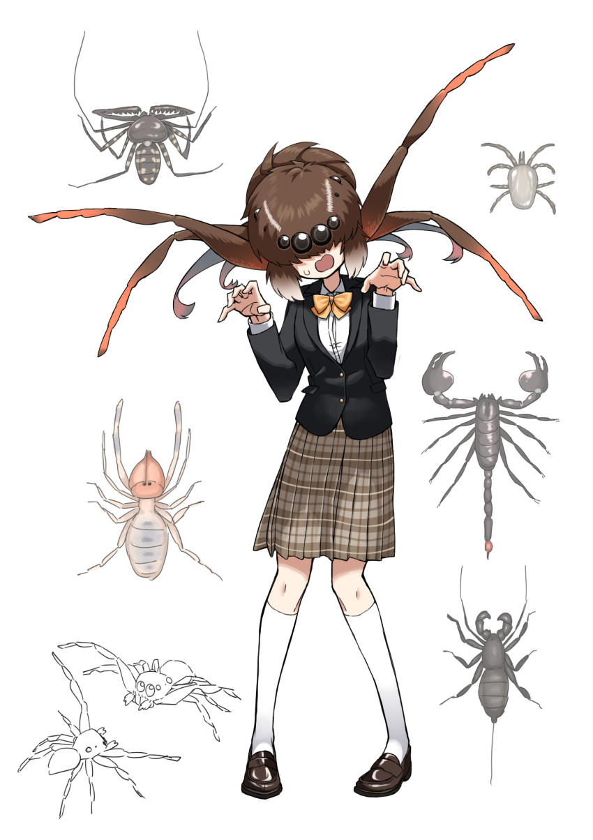 1girl, arthropod_girl, blazer, bug, camel_spider, evolvingmonkey, full_body, highres, jacket, kneehighs, long_hair, open_mouth, original, plaid_clothes, plaid_skirt, pleated_skirt, school_uniform, scorpion, skirt, socks, solo, spider, spider_itou, sweatdrop, tick, white_background, white_socks