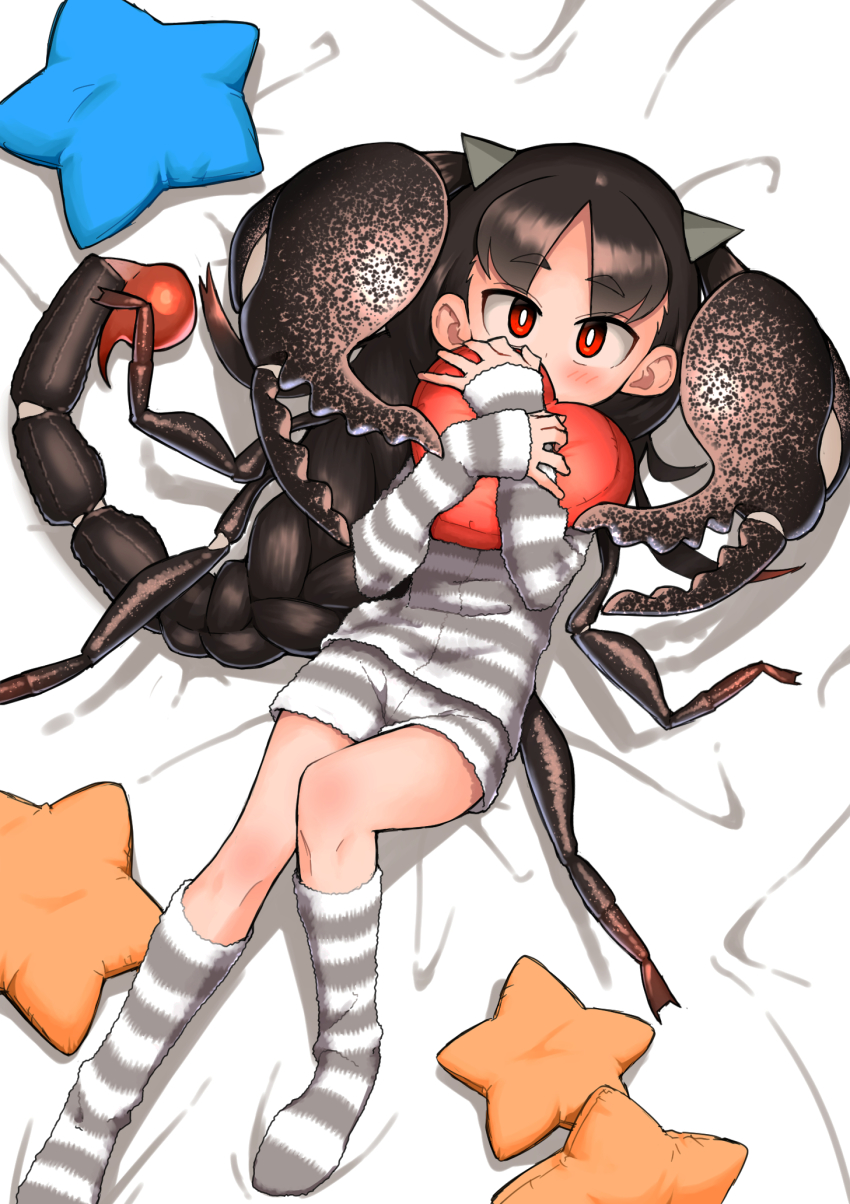 1girl, arthropod_girl, black_hair, evolvingmonkey, heart, heart-shaped_pillow, highres, kneehighs
