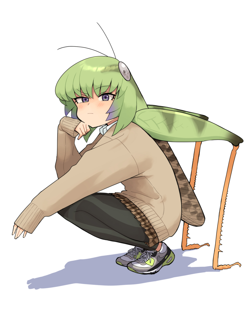 1girl, antennae, arthropod_girl, bug, cardigan, evolvingmonkey, extra_legs, grasshopper