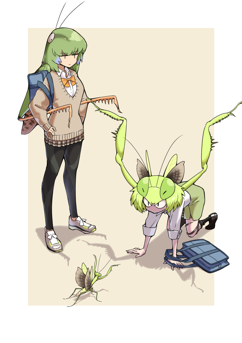 2girls, all_fours, bag, bug, cardigan, evolvingmonkey, full_body, grasshopper_inoue
