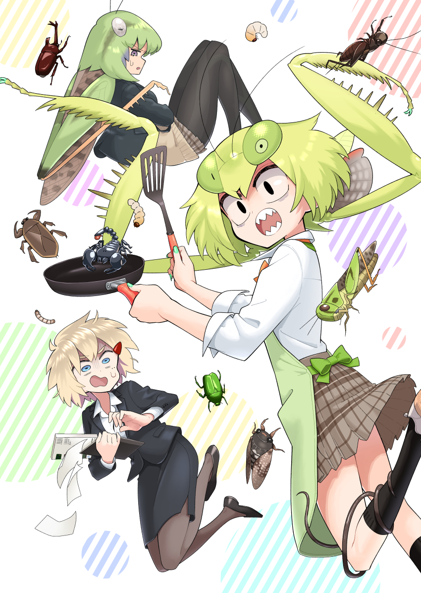 3girls, absurdres, apron, black_legwear, blonde_hair, blue_eyes, bug, cicada