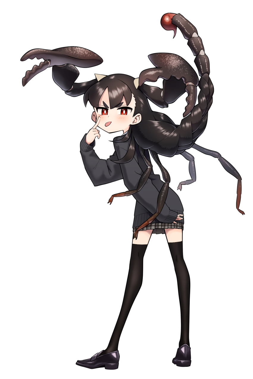 1girl, akanbe, arthropod_girl, black_hair, black_thighhighs, evolvingmonkey, eyelid_pull, full_body