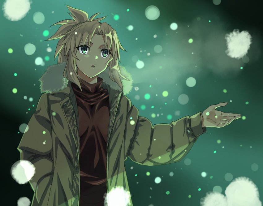 1girl, absurdres, blonde_hair, commentary_request, fate/apocrypha, fate_(series), fur-trimmed_jacket, fur_trim, green_eyes, hand_in_pocket, highres, jacket, mordred_(fate), mordred_(fate/apocrypha), open_clothes, open_jacket, outstretched_hand, parted_lips, solo, turtleneck, upper_body, winter_clothes, yamada_yuukei
