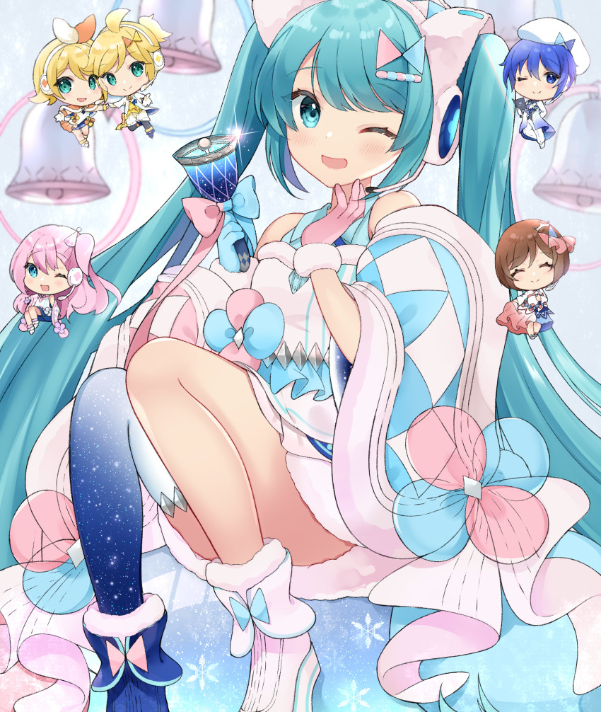 2boys, 4girls, absurdres, aqua_eyes, aqua_hair, arms_behind_back, asymmetrical_footwear, asymmetrical_gloves, bare_shoulders, bell, beret, blonde_hair, blue_eyes, blue_footwear, blue_gloves, blue_hair, blue_thighhighs, book, boots, bow, brown_hair, capelet, chibi, closed_eyes, commentary, detached_sleeves, dress, fur-trimmed_boots, fur-trimmed_dress, fur-trimmed_gloves, fur-trimmed_sleeves, fur_trim, glint, gloves, hair_bow, hair_ornament, hat, hatsune_miku, headphones, headset, highres, holding, holding_book, holding_own_dress, jacket, kagamine_len, kagamine_rin, kaito_(vocaloid), long_hair, looking_at_viewer, magical_mirai_(vocaloid), magical_mirai_kaito, magical_mirai_kaito_(2020_winter), magical_mirai_len, magical_mirai_len_(2020_winter), magical_mirai_luka, magical_mirai_luka_(2020_winter), magical_mirai_meiko, magical_mirai_meiko_(2020_winter), magical_mirai_miku, magical_mirai_miku_(2020_winter), magical_mirai_rin, magical_mirai_rin_(2020_winter), megurine_luka, meiko_(vocaloid), mismatched_footwear, mismatched_gloves, multiple_boys, multiple_girls, one_eye_closed, open_book, open_mouth, orange_capelet, pants, pink_gloves, pink_hair, pink_sleeves, ponytail, single_thighhigh, smile, snowflakes, sparkle, spiked_hair, starry_sky_print, thighhighs, twintails, two-tone_bow, very_long_hair, vocaloid, white_footwear, white_headwear, white_jacket, white_pants, wide_sleeves, yuni_(irohasuiroiro)
