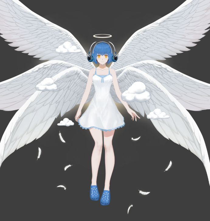 1girl, angel, angel_wings, bare_arms, bare_shoulders, blue_footwear, blue_hair, cloud, crocs, dress, ex-trident, feathered_wings, feathers, full_body, grey_background, halo, headphones, multiple_wings, phyrnna, seraph, short_dress, short_hair, solo, white_dress, white_wings, wings, yellow_eyes