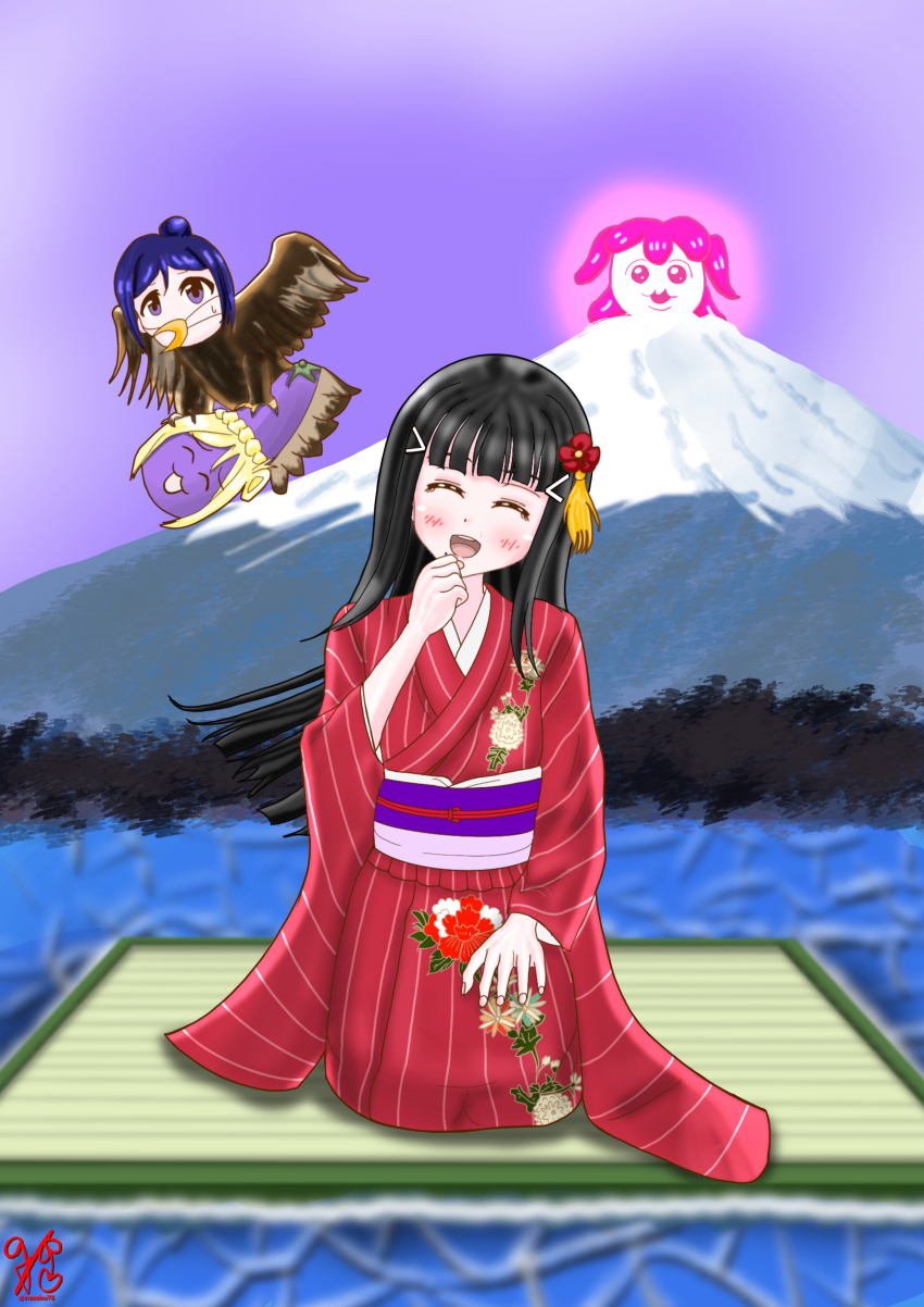 1girl, absurdres, aqua_eyes, artist_name, artist_request, black_hair, blue_sky, blush