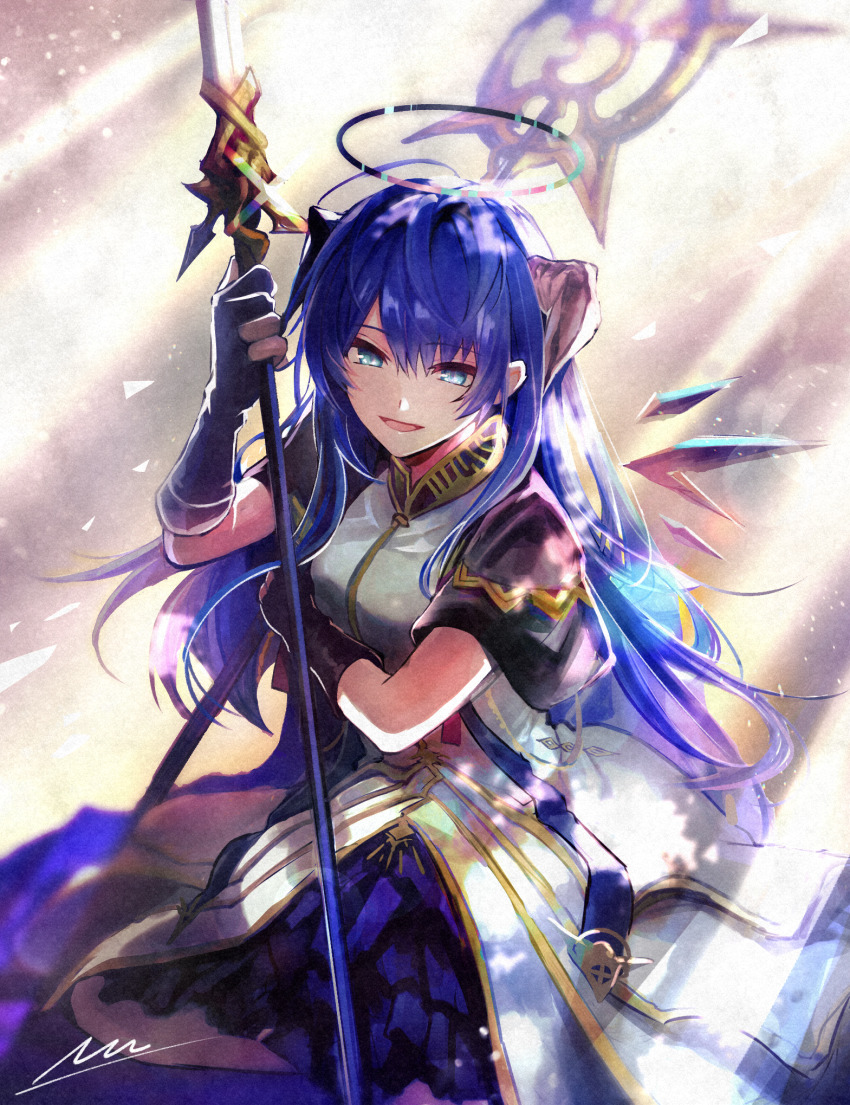 1girl, arknights, black_gloves, blue_eyes, blue_hair, breasts, demon_horns, detached_wings