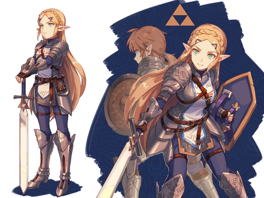 1boy, 1girl, alternate_costume, amedan, armor, armored_boots, back-to-back, blonde_hair