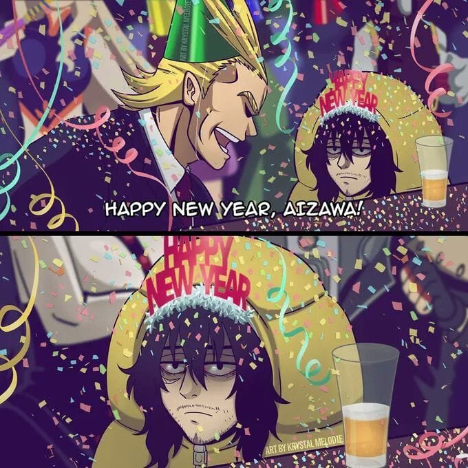 1girl, 2boys, aizawa_shota, all_might, bags_under_eyes, black_eyes, black_hair, blonde_hair, boku_no_hero_academia, closed_mouth, completely_unamused, confetti, cup, facial_hair, frown, hachuart, happy_new_year, hat, long_hair, male_focus, mount_lady, multiple_boys, new_year, open_mouth, party_hat, scar, scar_on_face, smile, unamused