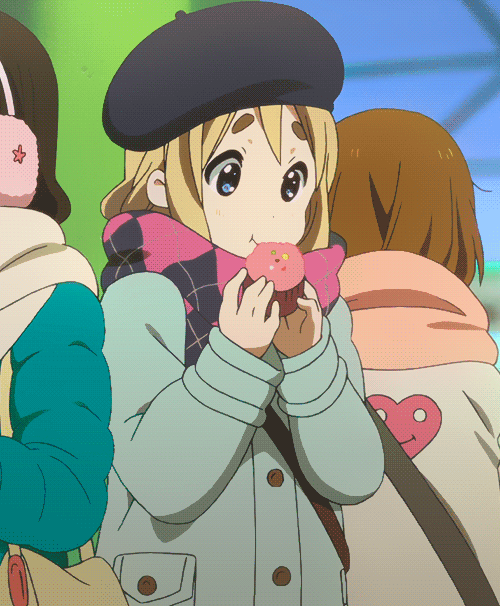 3girls, akiyama_mio, animated, animated_gif, argyle_clothes, argyle_neckwear, bag, beret, black_hair, black_headwear, blue_eyes, blue_jacket, brown_hair, brown_neckwear, cupcake, earmuffs, ears_visible_through_hair, eating, food, hands_together, hat, heart, heart_print, hirasawa_yui, holding, holding_food, jacket, k-on!, k-on!_movie, kotobuki_tsumugi, long_sleeves, looping_animation, multiple_girls, out_of_frame, outdoors, raised_eyebrows, scarf, screencap, short_hair, smile, tareme, thick_eyebrows