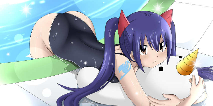 1girl, ass, blue_hair, blush, brown_eyes, competition_swimsuit, dmayaichi, fairy_tail, floatation_device, highres, one-piece_swimsuit, plue, pool, swimsuit, tattoo, water, wendy_marvell, wet, wet_floor
