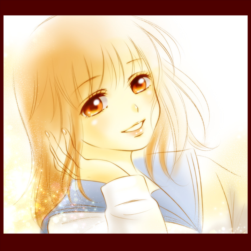1girl, beige_background, black_border, blue_sailor_collar, blunt_bangs, border, close-up, dutch_angle, eyelashes, fingernails, floating_hair, gradient_background, half-closed_eyes, hand_in_own_hair, hand_up, happy, highres, lens_flare, light_blush, light_brown_hair, light_particles, light_smile, lips, long_sleeves, looking_at_viewer, medium_hair, naru_(wu-yue), ore_monogatari!!, parted_lips, sailor_collar, school_uniform, shiny_skin, simple_background, solo, tareme, teeth, see-through_hair, upper_body, white_background, yamato_rinko, yellow_eyes