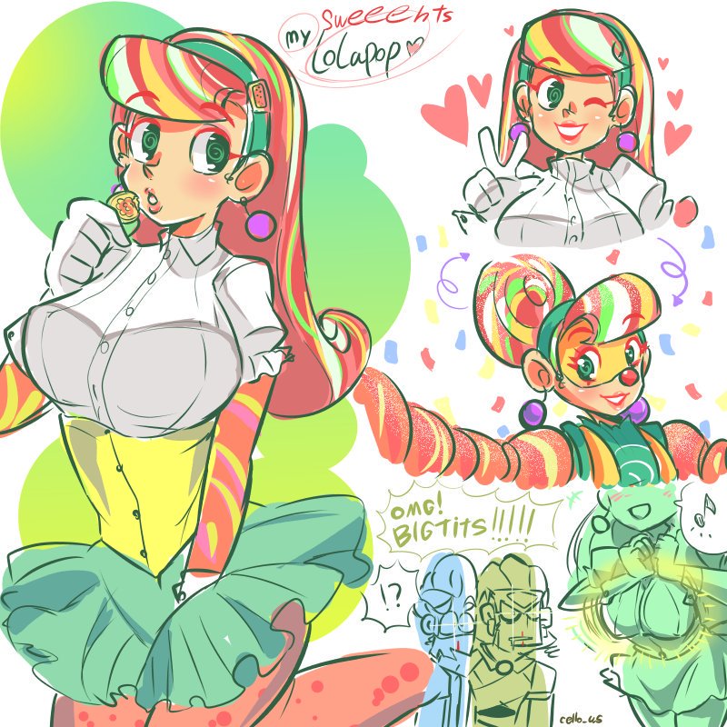 1girl, 2boys, arms_(game), artist_name, blood, breasts, cello_us, chestnut_mouth, clown, clown_girl, cowboy_shot, diadem, earrings, eating, english_text, green_skirt, grin, head_tilt, heart, jewelry, large_breasts, lipstick, lola_pop, long_hair, looking_at_another, looking_at_viewer, makeup, misango, multiple_boys, musical_note, nintendo, nosebleed, one_eye_closed, pink_lips, shirt, skirt, smile, spring_man_(arms), taut_clothes, taut_shirt, teeth, thick_lips, v, white_background, wink