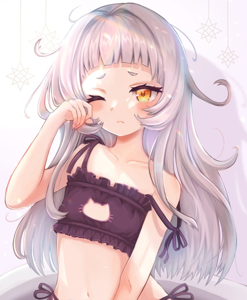 1girl, blunt_bangs, bra, cat_cutout, cat_lingerie, closed_mouth, clothing_cutout, collarbone, day, eyelashes, flat_chest, grey_hair, hand_up, highres, hololive, long_hair, looking_at_viewer, messy_hair, mihanada_kanata, murasaki_shion, navel, one_eye_closed, panties, rubbing_eyes, side-tie_panties, solo, star_(symbol), strap_slip, underwear, underwear_only, very_long_hair, virtual_youtuber, waking_up, yellow_eyes