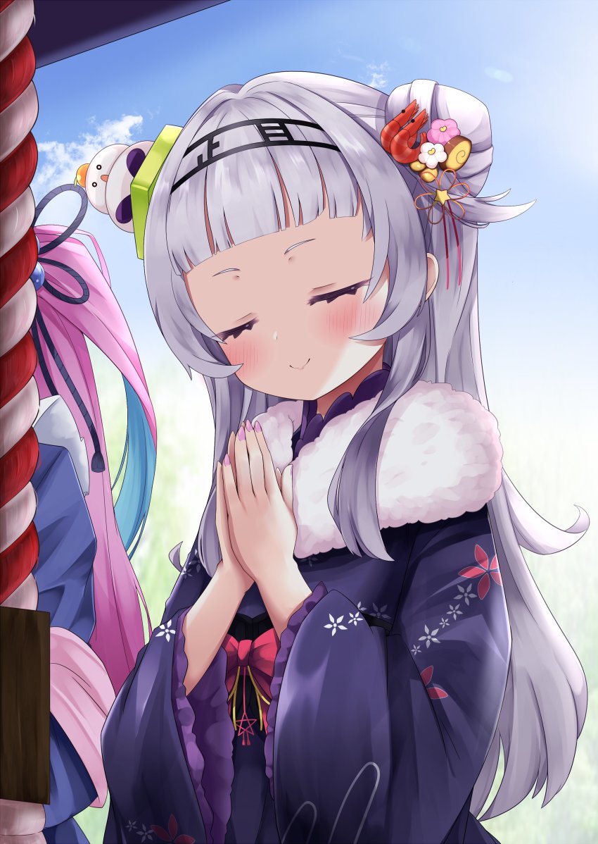 2girls, absurdres, alternate_costume, blue_sky, blunt_bangs, closed_eyes, cocozasa, day