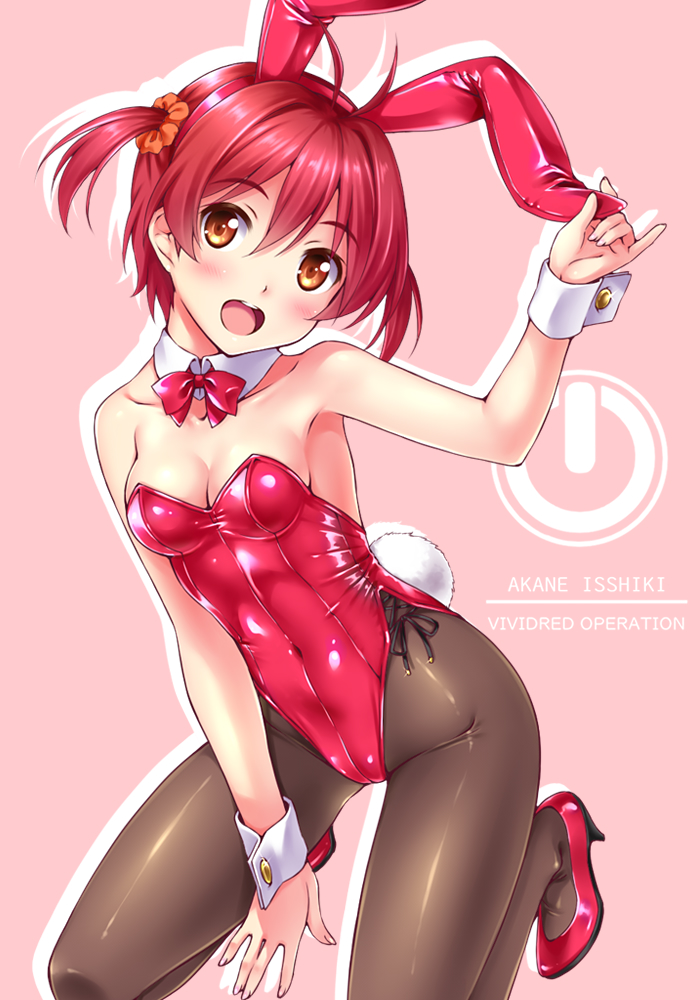 1girl, animal_ears, black_pantyhose, bow, bowtie, breasts, character_name, cleavage, commentary_request, copyright_name, detached_collar, fake_animal_ears, high_heels, isshiki_akane, kneeling, leotard, looking_at_viewer, nonbe, open_mouth, orange_eyes, pantyhose, pink_background, playboy_bunny, power_symbol, rabbit_ears, rabbit_tail, red_bow, red_bowtie, red_footwear, red_hair, red_leotard, round_teeth, scrunchie, short_hair, simple_background, small_breasts, smile, solo, strapless, strapless_leotard, tail, teeth, twintails, upper_teeth_only, vividred_operation, wrist_cuffs