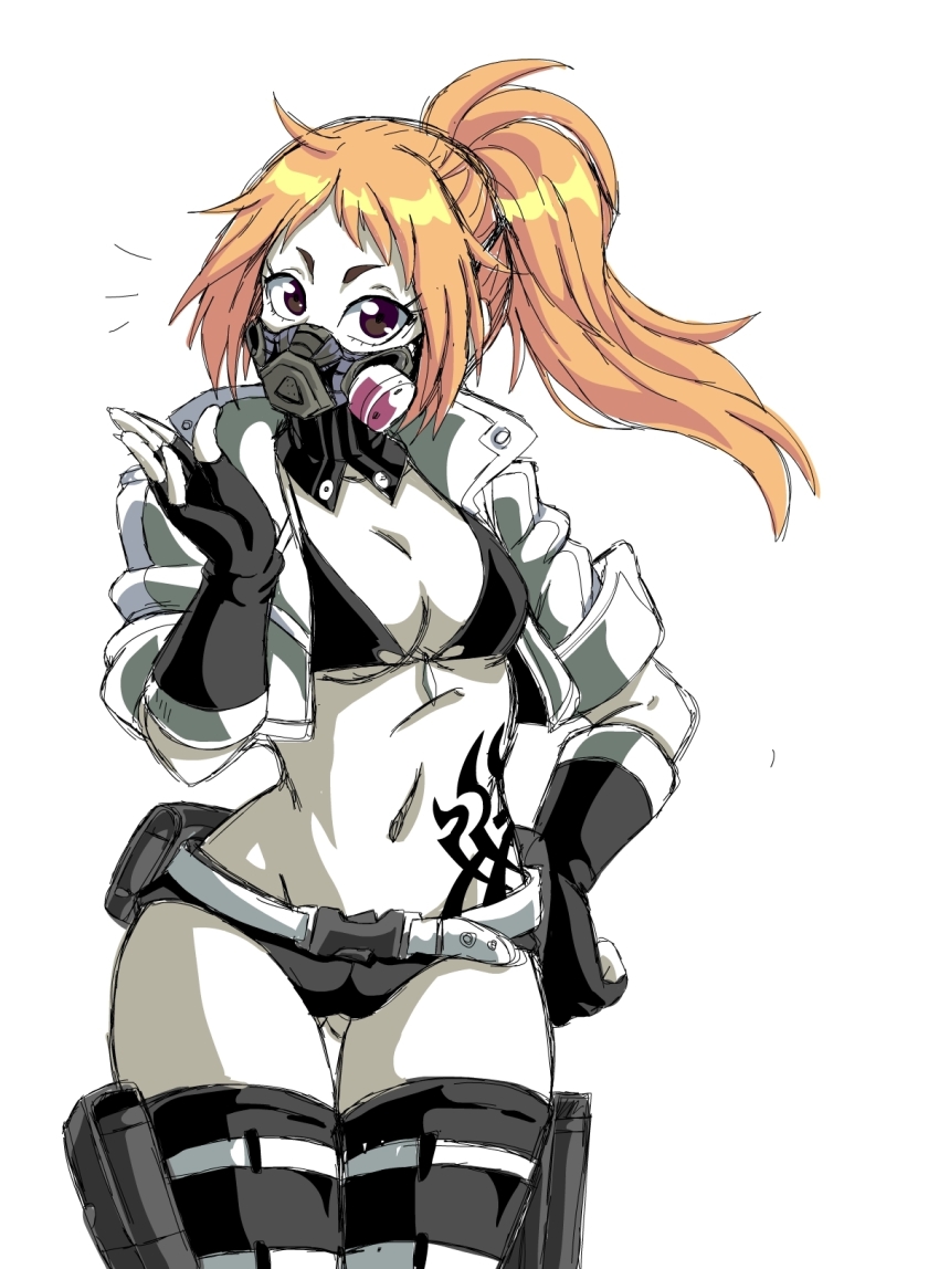 1girl, bike_shorts, breasts, brown_eyes, coat, code_vein, elbow_gloves, full-body_tattoo, gas_mask, gloves, gluteal_fold, green_coat, highres, lewdamone, looking_at_viewer, mask, masked, mouth_mask, navel, orange_hair, ponytail, respirator, rin_murasame, simple_background, solo, standing, tattoo, tribal_tattoo, white_background