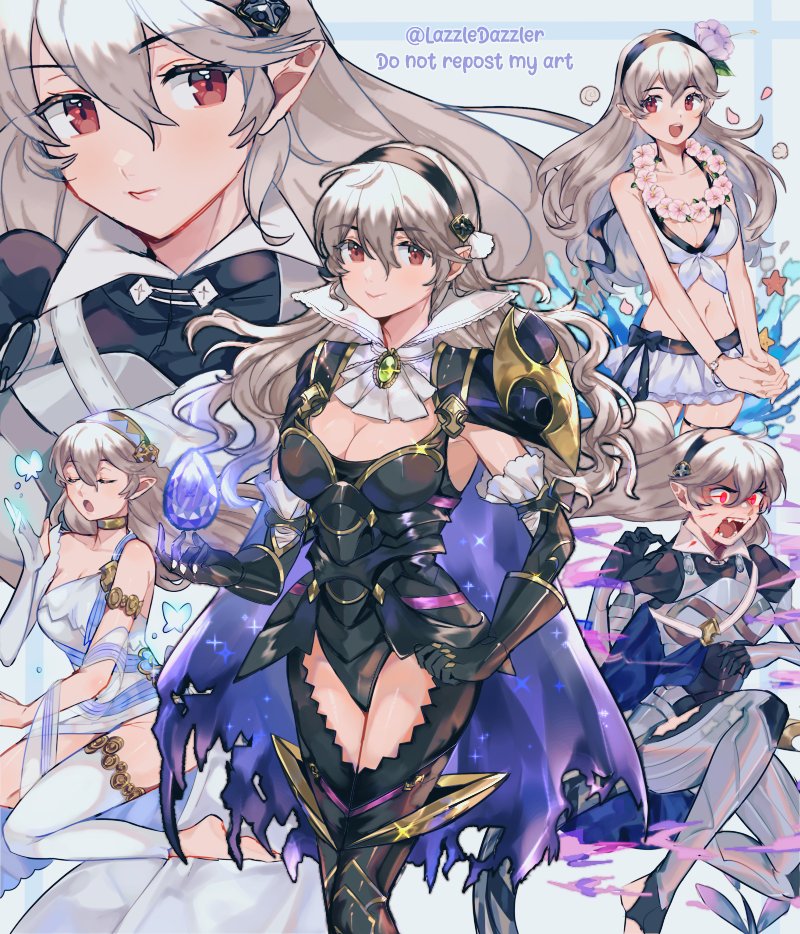 1girl, alternate_costume, armor, armored_leotard, ascot, asymmetrical_clothes, aura, barefoot, bikini, bikini_skirt, black_armor, bracelet, breasts, bug, butterfly, cape, cleavage, female_corrin_(adrift)_(fire_emblem), female_corrin_(fire_emblem), female_corrin_(nohr_noble)_(fire_emblem), female_corrin_(novice_vacationer)_(fire_emblem), dress, fangs, fire_emblem, fire_emblem_fates, fire_emblem_heroes, front-tie_bikini_top, front-tie_top, gloves, glowing, glowing_eyes, hairband, insect, jewelry, leotard, long_hair, looking_at_viewer, multiple_persona, nintendo, official_alternate_costume, pointy_ears, pomme_(lazzledazzle), red_eyes, shoulder_armor, single_glove, single_thighhigh, swimsuit, thighhighs, toeless_legwear, torn_cape, torn_clothes, water