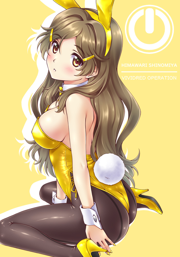 1girl, animal_ears, ass, back-seamed_legwear, black_pantyhose, blush, bow, bowtie, breasts, brown_eyes, brown_hair, character_name, commentary_request, copyright_name, detached_collar, fake_animal_ears, hair_ornament, hairclip, leotard, looking_at_viewer, medium_breasts, nonbe, pantyhose, parted_lips, playboy_bunny, power_symbol, rabbit_ears, rabbit_tail, seamed_legwear, shinomiya_himawari, simple_background, sitting, smile, solo, strapless, strapless_leotard, tail, vividred_operation, wariza, wavy_hair, wrist_cuffs, yellow_background, yellow_bow, yellow_bowtie, yellow_leotard