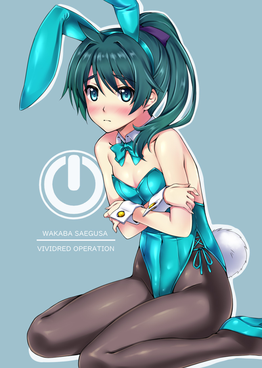 1girl, animal_ears, black_pantyhose, bow, bowtie, breasts, character_name, cleavage