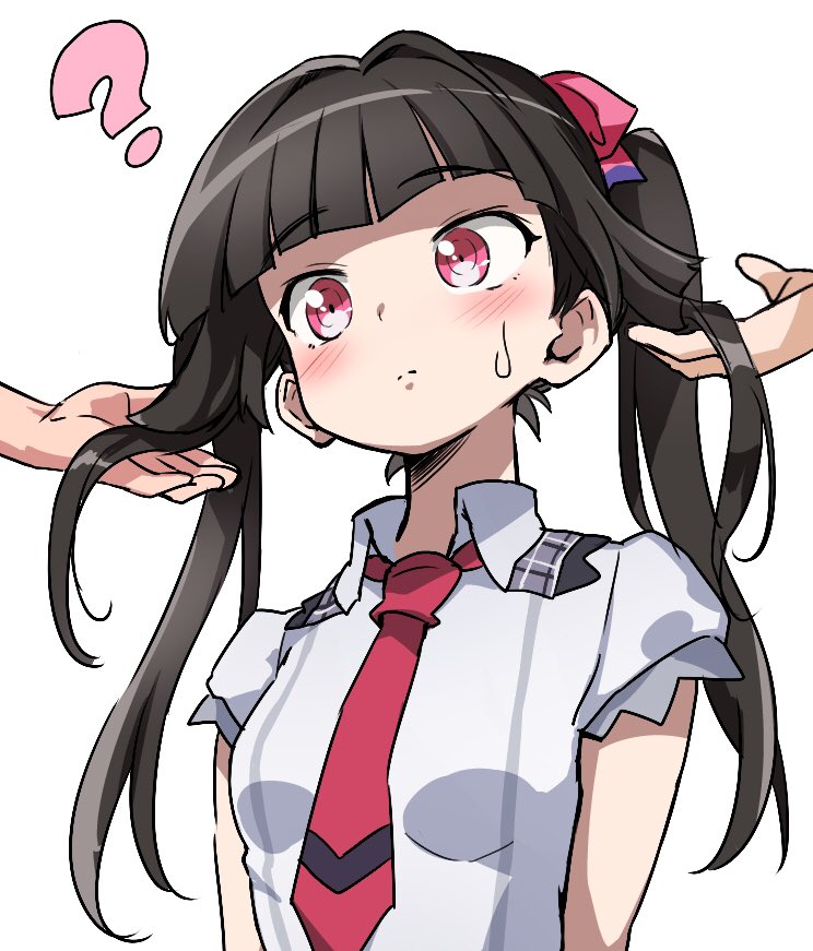 1girl, ?, black_hair, blunt_bangs, blush, chupirinko, closed_mouth, collared_shirt