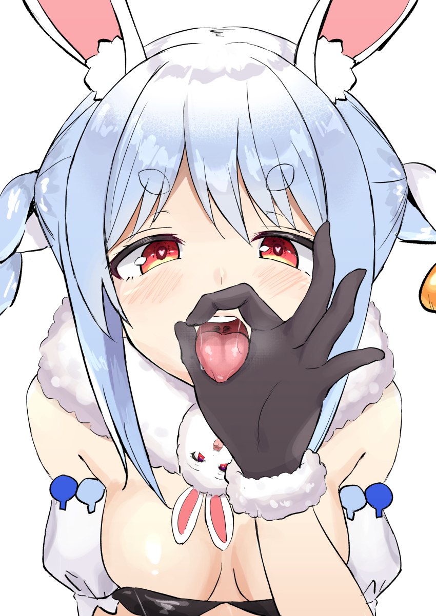 1girl, absurdres, animal_ear_fluff, animal_ears, blue_hair, braid, breasts, carrot_hair_ornament, don-chan_(usada_pekora), fellatio_gesture, food-themed_hair_ornament, fur_scarf, gloves, hair_ornament, highres, hololive, long_hair, looking_at_viewer, medium_breasts, multicolored_hair, open_mouth, rabbit-shaped_pupils, rabbit_ears, rabbit_girl, saliva, solo, symbol-shaped_pupils, tamaki_(tamakikan), tongue, tongue_out, twin_braids, usada_pekora, usada_pekora_(1st_costume), virtual_youtuber, white_hair