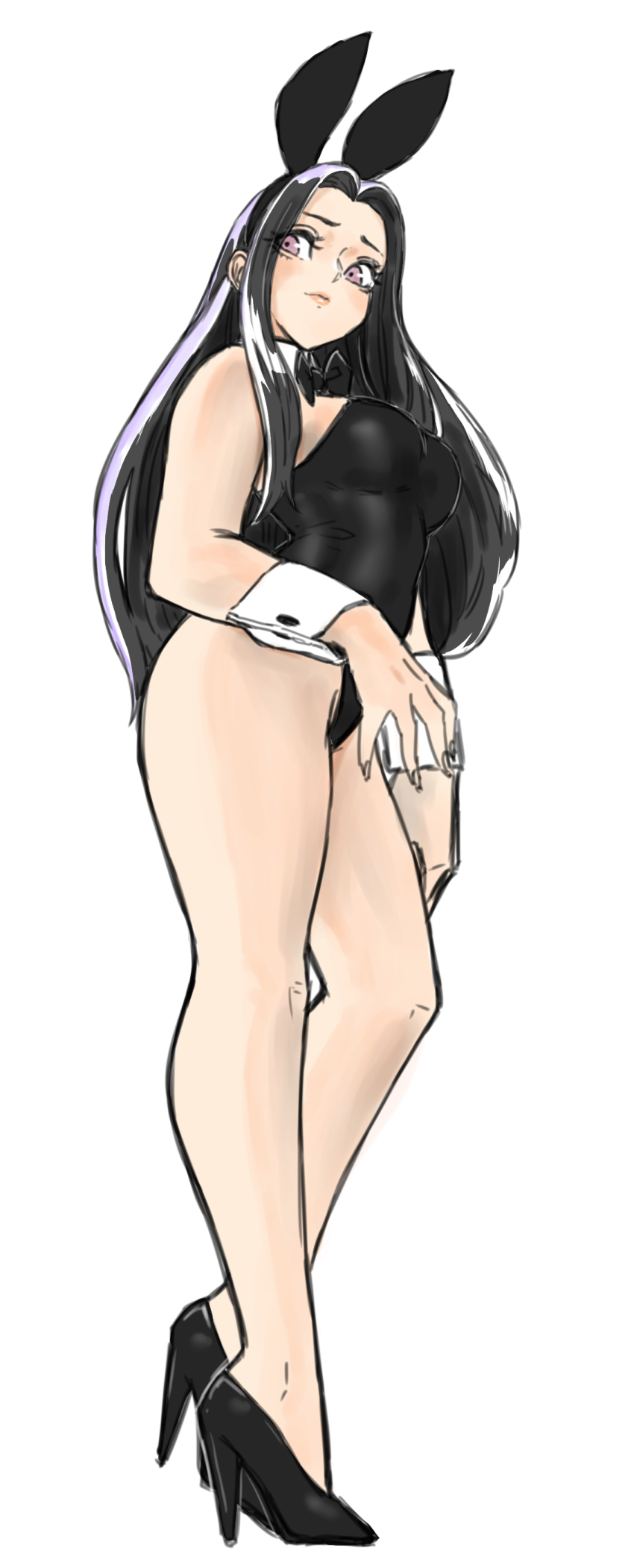 1girl, absurdres, animal_ears, bare_legs, black_footwear, black_hair, black_hairband, black_leotard, blush, detached_collar, fake_animal_ears, full_body, hairband, high_heels, highleg, highleg_leotard, highres, hokuto_no_ken, leotard, long_hair, playboy_bunny, purple_eyes, rabbit_ears, simple_background, smile, solo, standing, strapless, strapless_leotard, toshinoshin, very_long_hair, white_background, wrist_cuffs, yuria_(hokuto_no_ken)