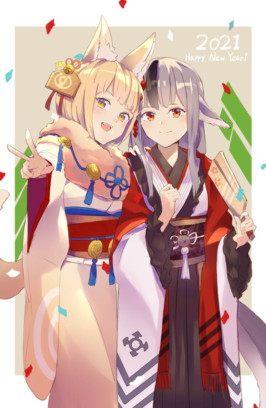 2girls, absurdres, alternate_costume, animal_ears, black_hair, blonde_hair, fire_emblem, fire_emblem_fates, fire_emblem_heroes, fox_ears, fox_girl, fox_tail, fur_collar, grey_hair, highres, japanese_clothes, kimono, long_hair, long_sleeves, looking_at_viewer, migimura_sakimori, multicolored_hair, multiple_girls, new_year, nintendo, obi, orange_eyes, sash, selkie_(fire_emblem), selkie_(new_year)_(fire_emblem), short_hair, sidelocks, smile, standing, streaked_hair, tail, v, velouria_(fire_emblem), velouria_(new_year)_(fire_emblem), white_kimono, wide_sleeves, wolf_ears, wolf_girl, wolf_tail, yellow_eyes