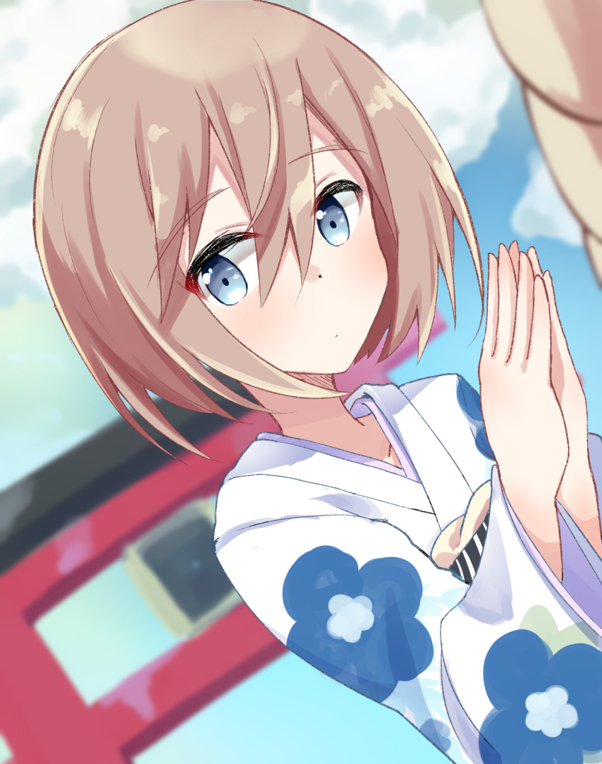 blanc_(neptunia), blue_eyes, breasts, brown_hair, highres, japanese_clothes, kimono, neptune_(series)