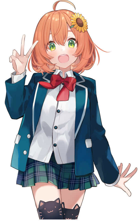 1girl, ahoge, black_thighhighs, chiri_(ch!), flower, green_eyes, hair_between_eyes, hair_flower