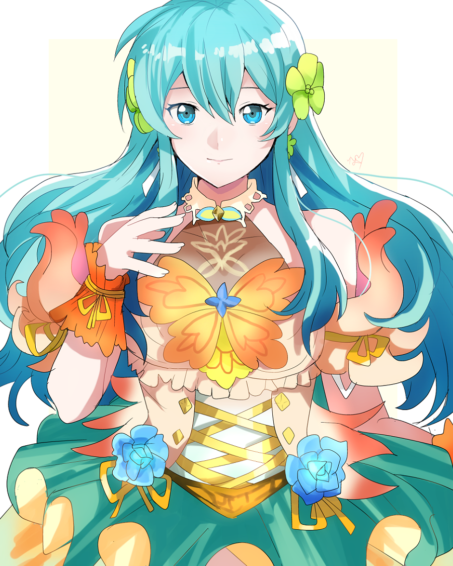 1girl, aqua_hair, bare_shoulders, blue_eyes, closed_mouth, dress, earrings, eirika_(fire_emblem)