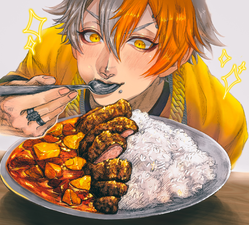 1boy, blackstar_-theater_starless-, curry, eating, face_piercing, food, grey_hair, hair_between_eyes, izumamu_03, jewelry, leaning_forward, lip_piercing, male_focus, multicolored_hair, necklace, orange_eyes, orange_hair, piercing, rice, ring, solo, spoon, two-tone_hair