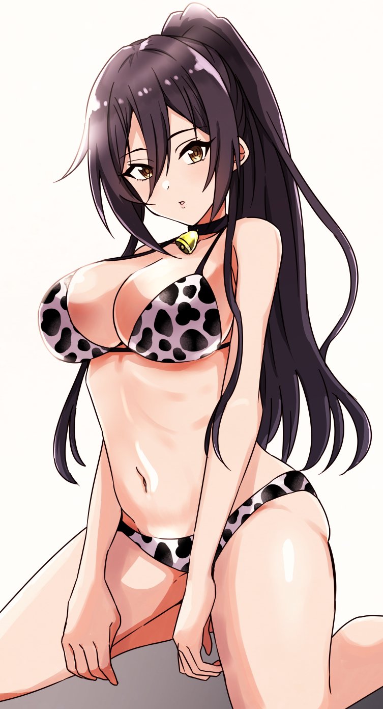1girl, animal_print, bare_shoulders, bell, bikini, black_hair, blush, breasts, brown_eyes, choker, cleavage, collarbone, cow_print, hair_between_eyes, high_ponytail, highres, idolmaster, idolmaster_shiny_colors, keikesu, kneeling, large_breasts, long_hair, looking_at_viewer, navel, neck_bell, open_mouth, ponytail, shirase_sakuya, solo, swimsuit, thighs, white_bikini