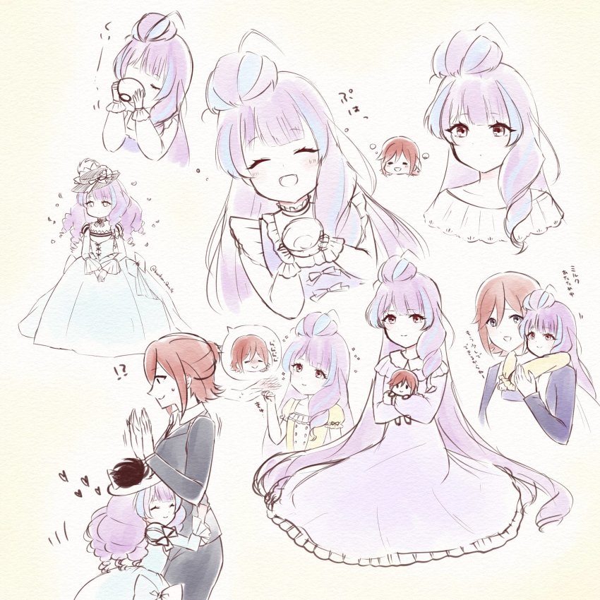 2girls, ^_^, aged_down, alternate_costume, blue_dress, blue_hair, blush, closed_eyes