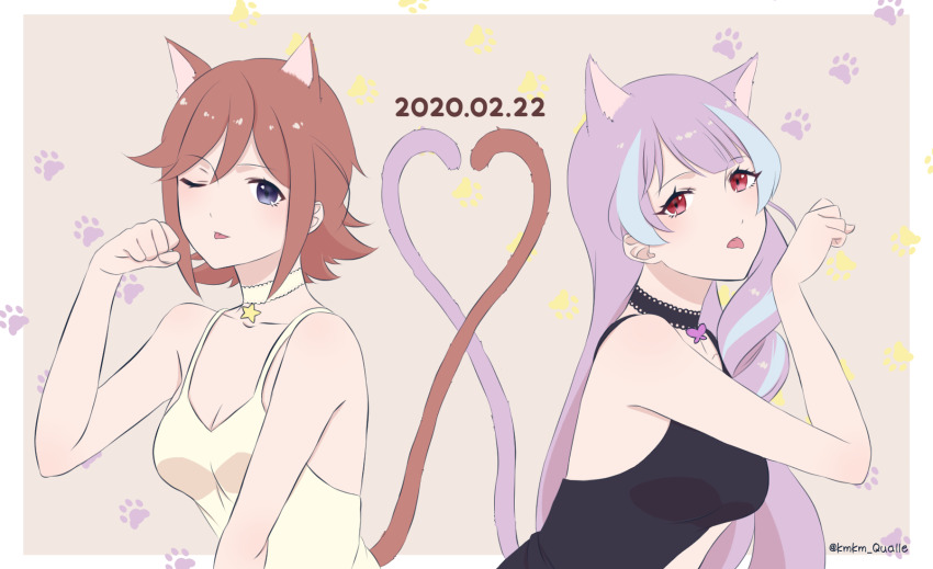 2girls, animal_ear_fluff, animal_ears, artist_name, black_choker, blue_eyes, blue_hair, breasts, brown_hair, cat_ears, cat_tail, choker, cleavage, dated, heart, heart_tail, heart_tail_duo, highres, kaname_buccaneer, kemonomimi_mode, looking_at_viewer, macross, macross_delta, medium_breasts, mikumo_guynemer, multicolored_hair, multiple_girls, one_eye_closed, paw_pose, paw_print, purple_hair, qualle, red_eyes, streaked_hair, tail, tank_top, tongue, tongue_out, yellow_choker