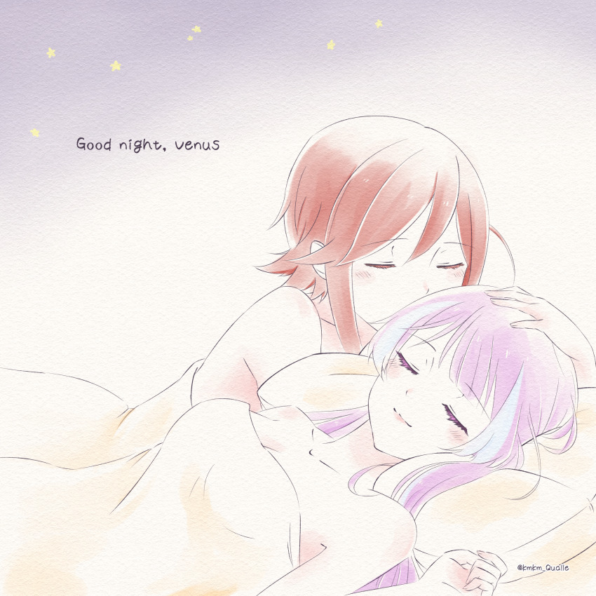 2girls, artist_name, blue_hair, blush, breasts, cleavage, closed_eyes, collarbone