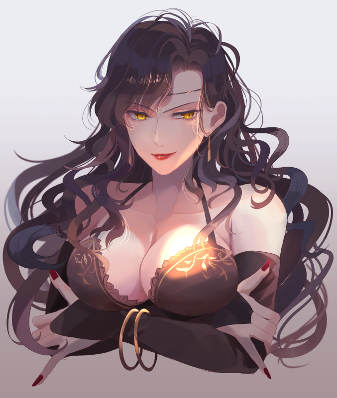1girl, arms_under_breasts, black_hair, breasts, cleavage, collarbone, cropped_torso, detached_sleeves, fire_emblem, fire_emblem:_the_blazing_blade, gradient_background, hair_behind_ear, headband, kabitakamaboko, large_breasts, long_hair, looking_to_the_side, nail_polish, nintendo, parted_lips, red_nails, solo, sonia_(fire_emblem:_the_blazing_blade), wavy_hair, yellow_eyes